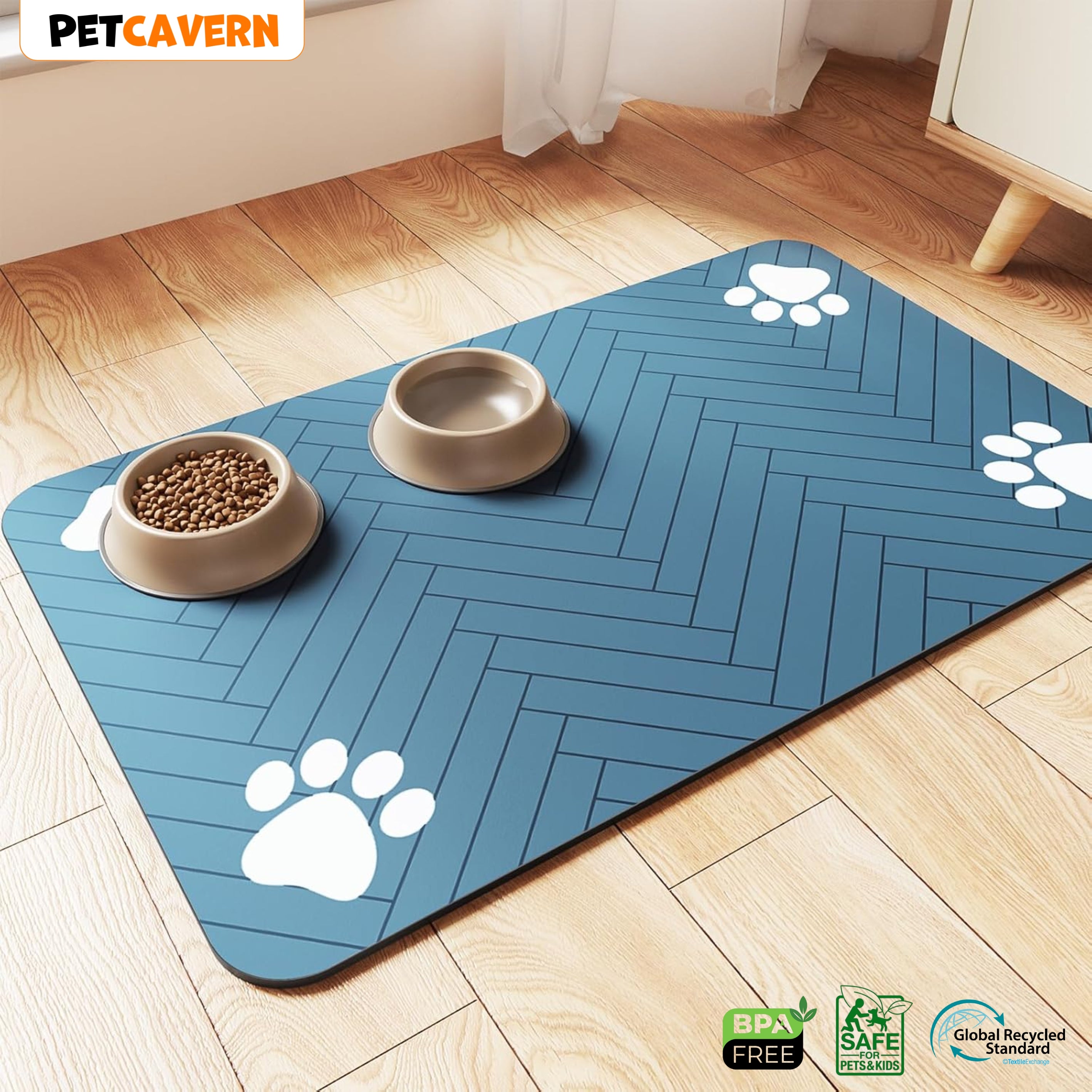 Pet Cavern™ Pet Feeding Mat-Absorbent Pet Placemat for Food and Water Bowl, with Waterproof Rubber Backing, Quick Dry Water Dispenser Mat for Dog and Cat (12"x20", Striped Dark Gray)