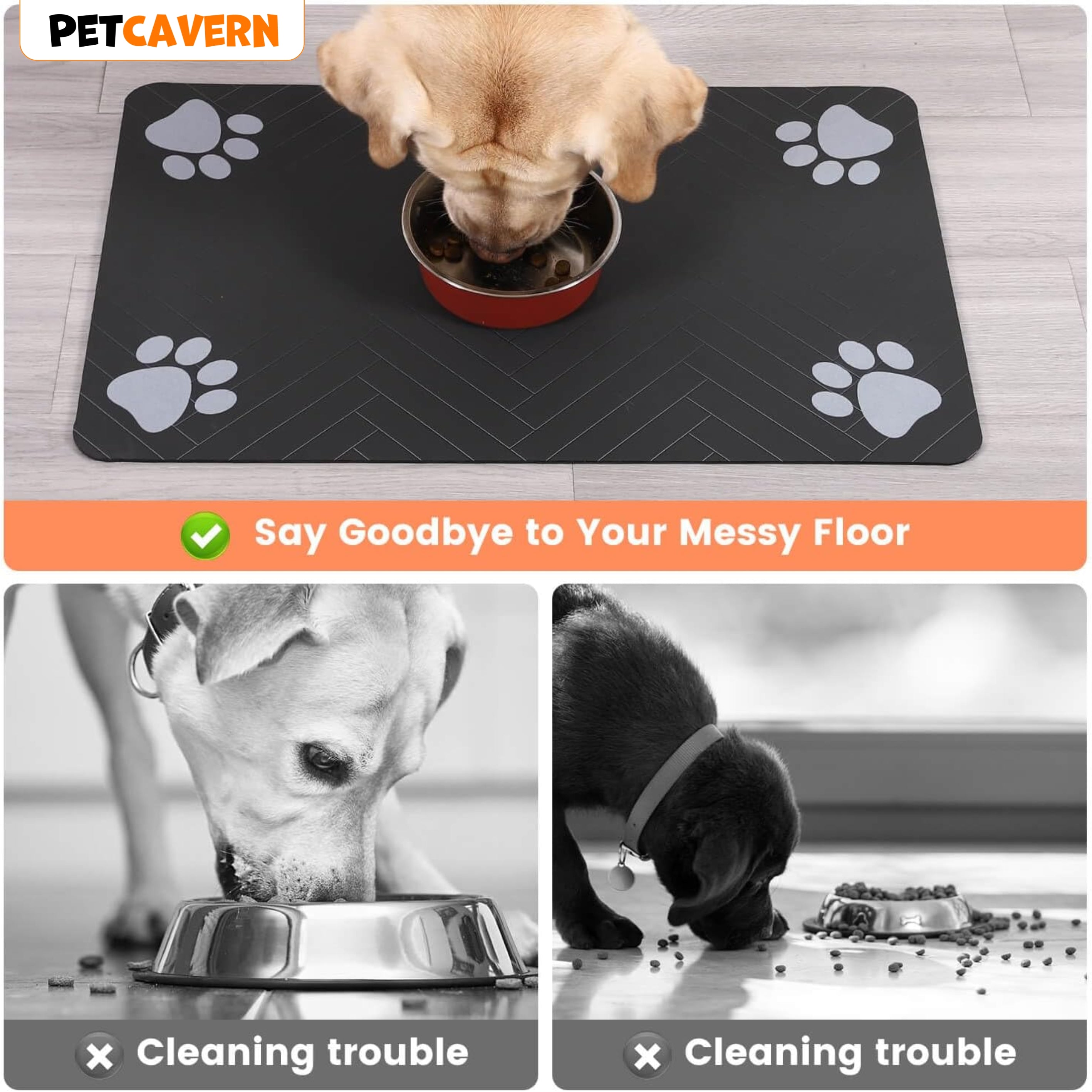 Pet Cavern™ Pet Feeding Mat-Absorbent Pet Placemat for Food and Water Bowl, with Waterproof Rubber Backing, Quick Dry Water Dispenser Mat for Dog and Cat (12"x20", Striped Dark Gray)
