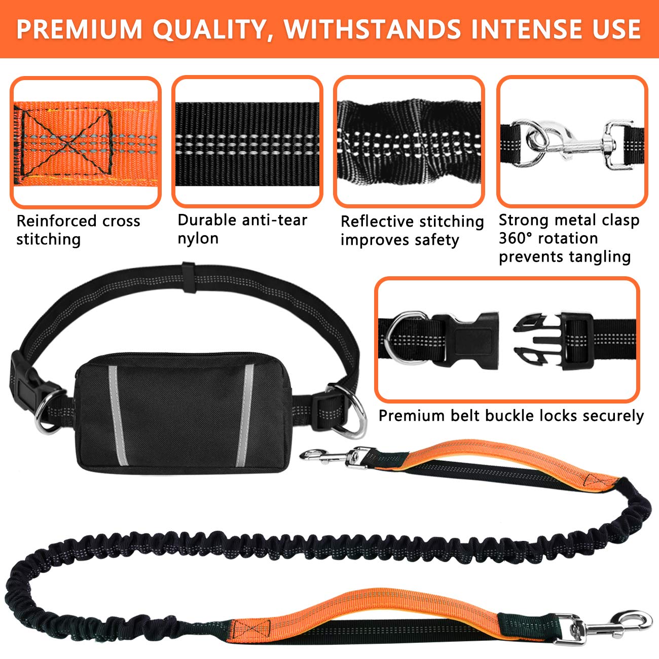 Pet Cavern™ Hands Free Absorbing Reflective Nylon Dog Leash